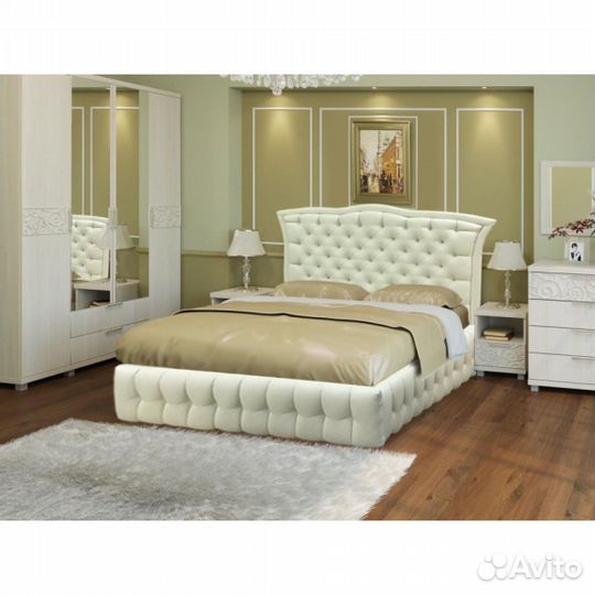 Кровать №5 1,6*2,0 м с подъемным механизмом - Белый матовый (кожзам), Стразы