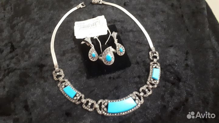 Серебряный комплект с бирюзой колье,серьги,кольцо