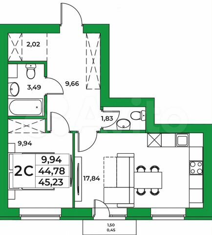 1-к. квартира, 45,2 м², 6/9 эт.