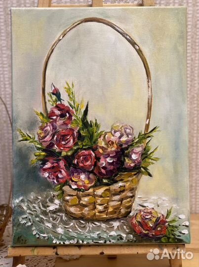 Картина маслом «Розы в корзине», холст 30*40