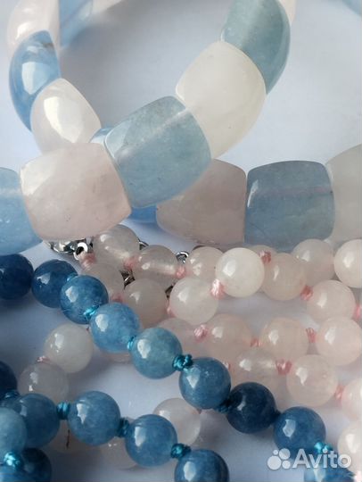 Браслет и бусы из аквамарина и розового кварца