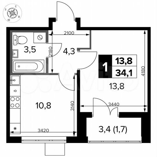 1-к. квартира, 34,1 м², 22/24 эт.