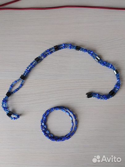 Набор бусы и ожерелье синее с гематитом