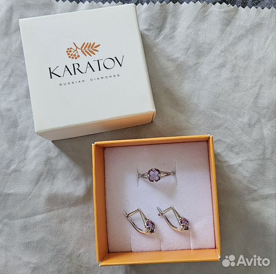 Серьги и кольцо белое золото Karatov аметист