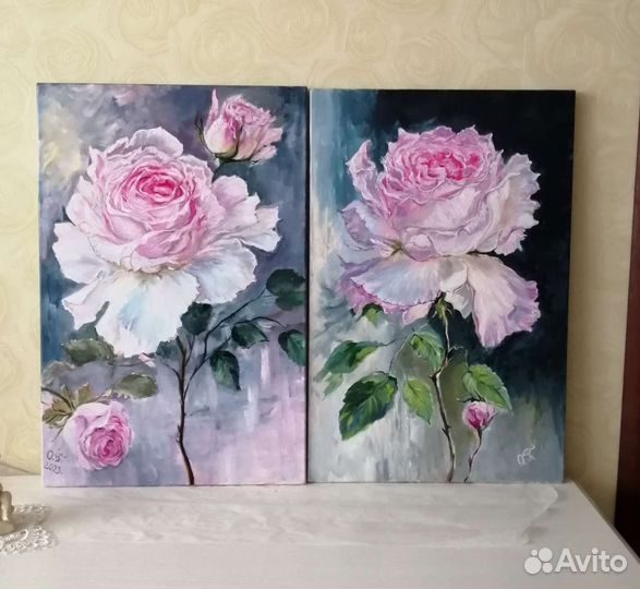 Картина маслом с цветами Розовые розы холст 60-40