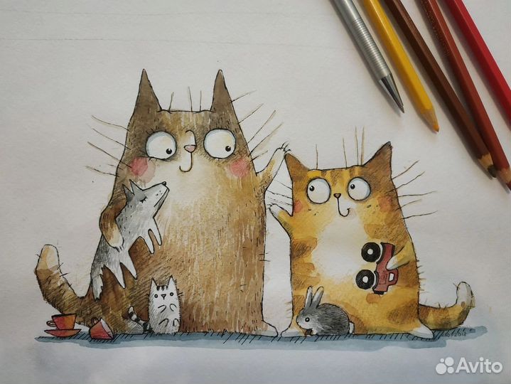 Картины с котиками акварель коты