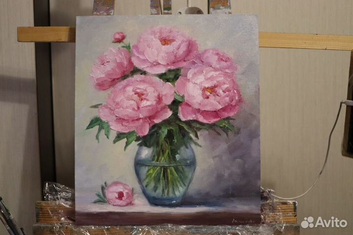 Картина маслом Цветы Пионы 35х40см холст картон