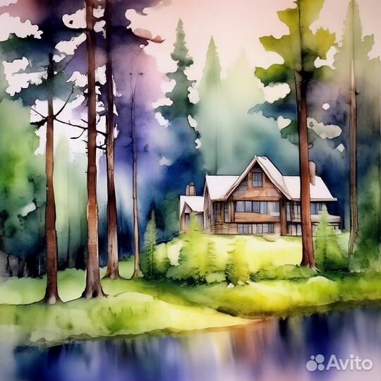 Картины акварель лес холсте 50х50 см