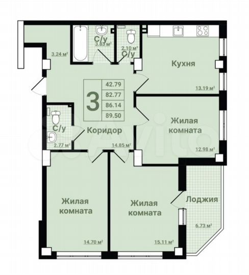 3-к. квартира, 89,5 м², 10/18 эт.