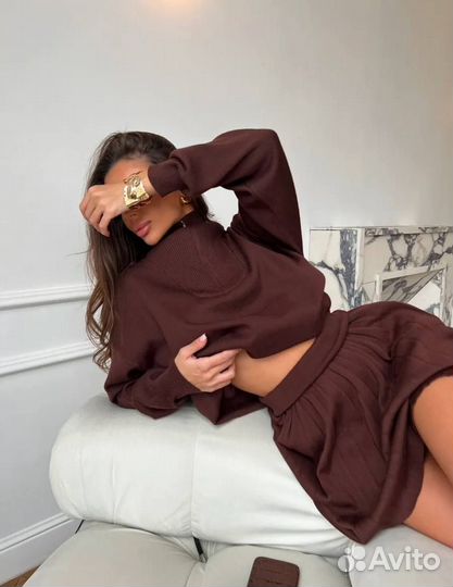 Шикарный кашемировый костюм с юбкой мини, теплый