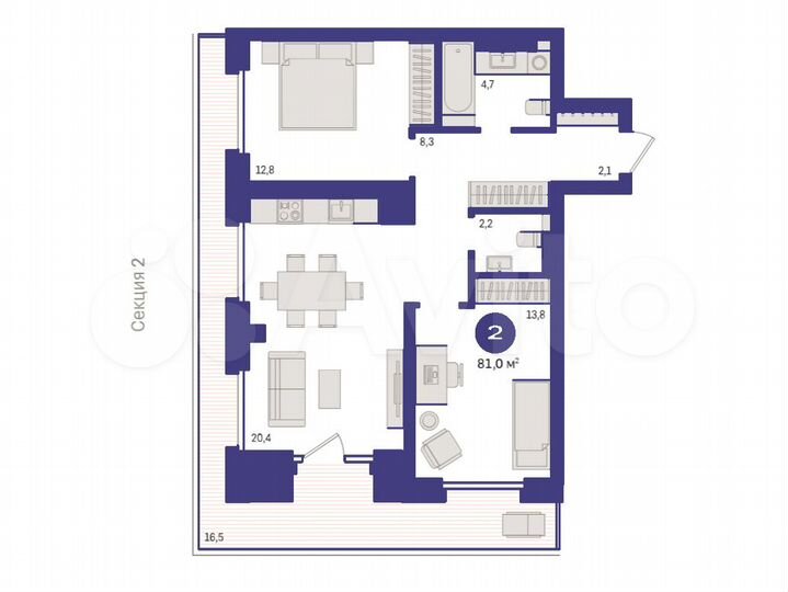 2-к. квартира, 81 м², 5/9 эт.