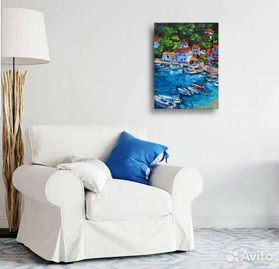 Картина маслом море Черногория лодки дома импасто