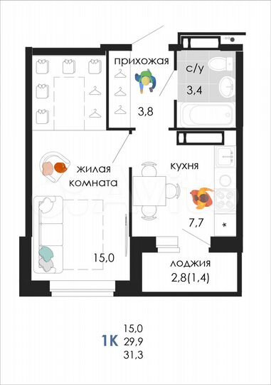 1-к. квартира, 31,3 м², 18/19 эт.