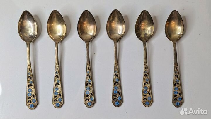 Ложки чайные серебро эмаль 875 проба звезда СССР