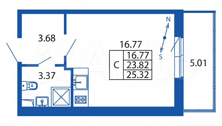 Квартира-студия, 25,3 м², 2/12 эт.