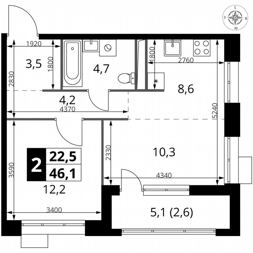 2-к. квартира, 46,1 м², 19/25 эт.