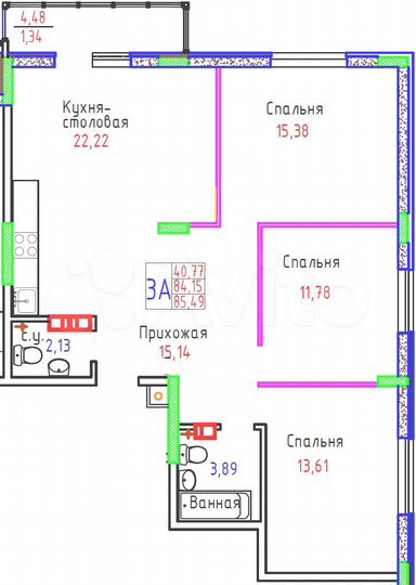 3-к. квартира, 85,5 м², 4/9 эт.