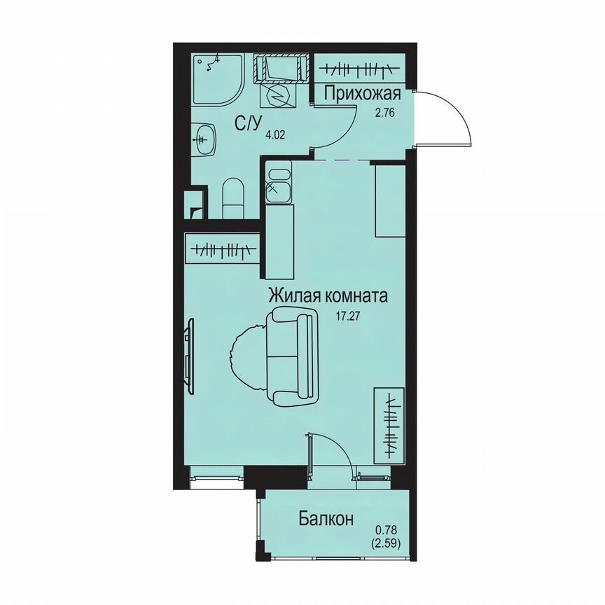 Квартира-студия, 25,8 м², 3/9 эт.