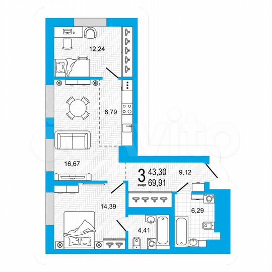 2-к. квартира, 69,9 м², 19/27 эт.