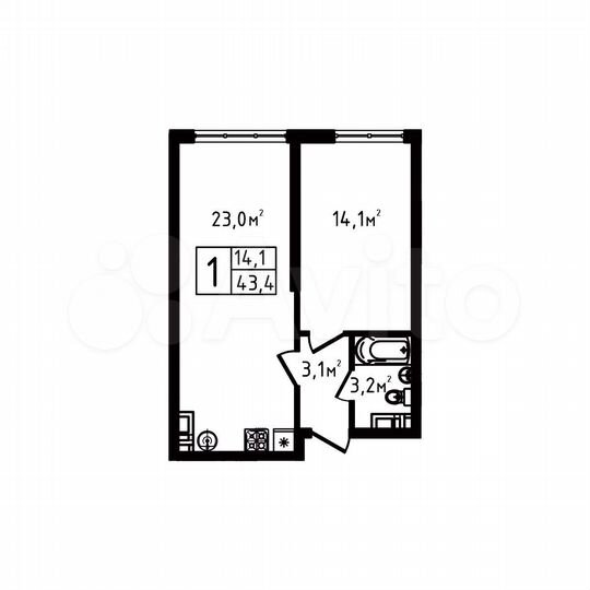 1-к. квартира, 43,4 м², 5/9 эт.