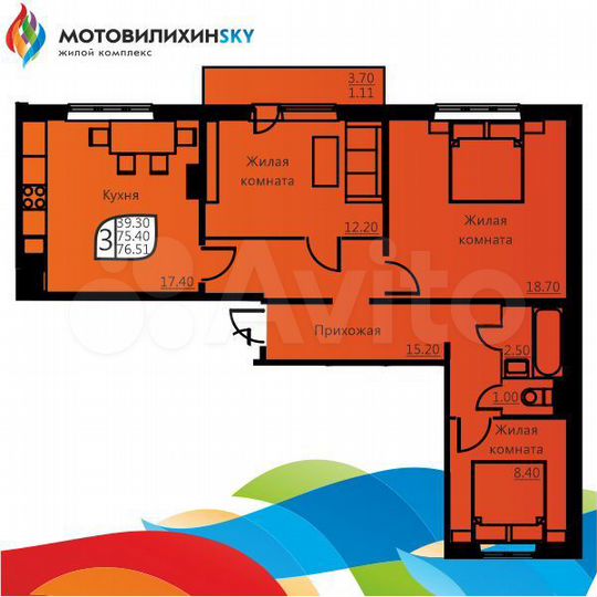 3-к. квартира, 75,1 м², 1/9 эт.