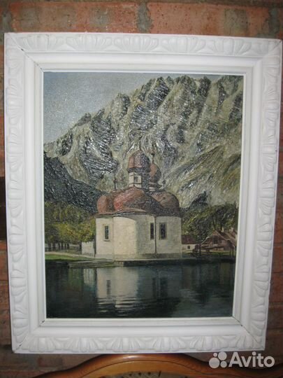 Церковь на озере Ainsr масло картон 1958г Германия