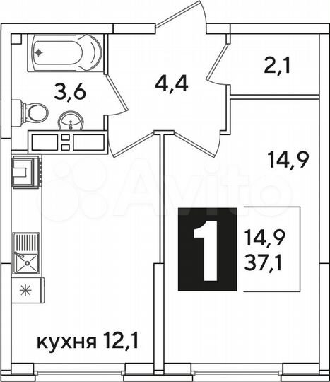 1-к. квартира, 37,1 м², 12/16 эт.