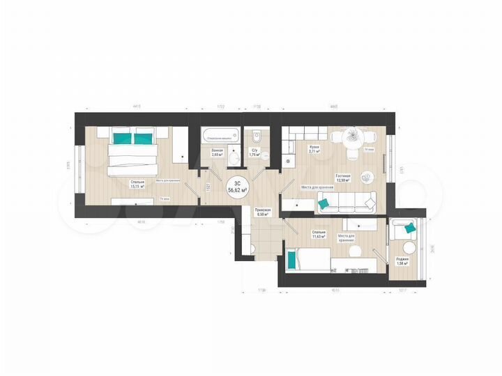 3-к. квартира, 56,6 м², 26/27 эт.