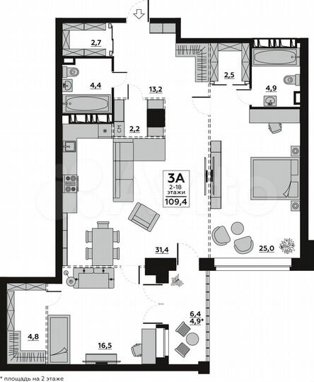 3-к. квартира, 109,2 м², 16/18 эт.
