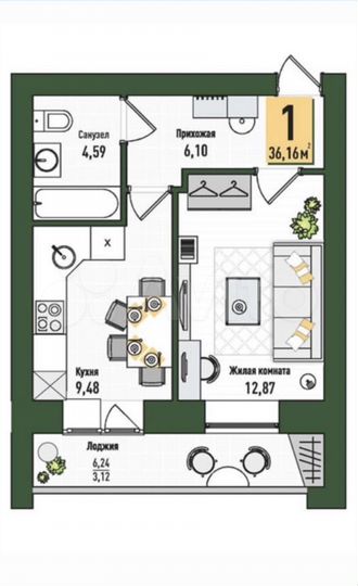 1-к. квартира, 36,2 м², 3/4 эт.