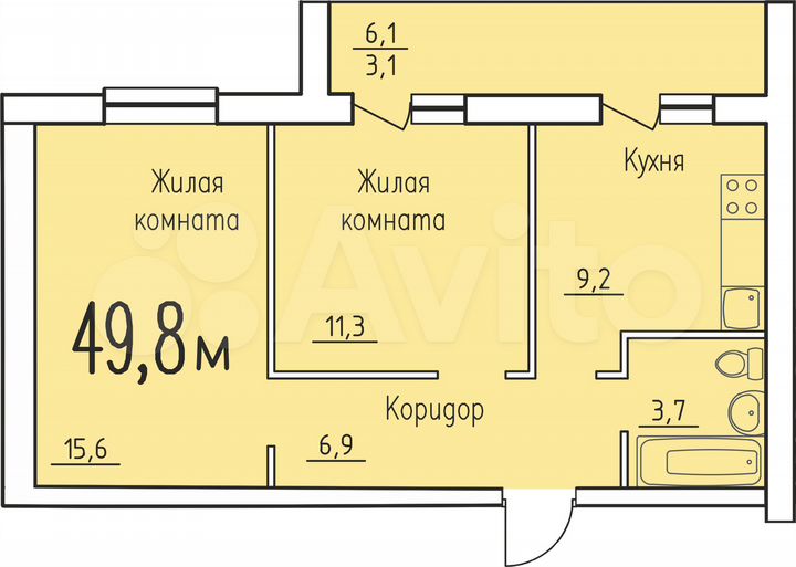 2-к. квартира, 49,8 м², 3/3 эт.