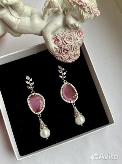 Серьги с жемчугом, кошачий глаз