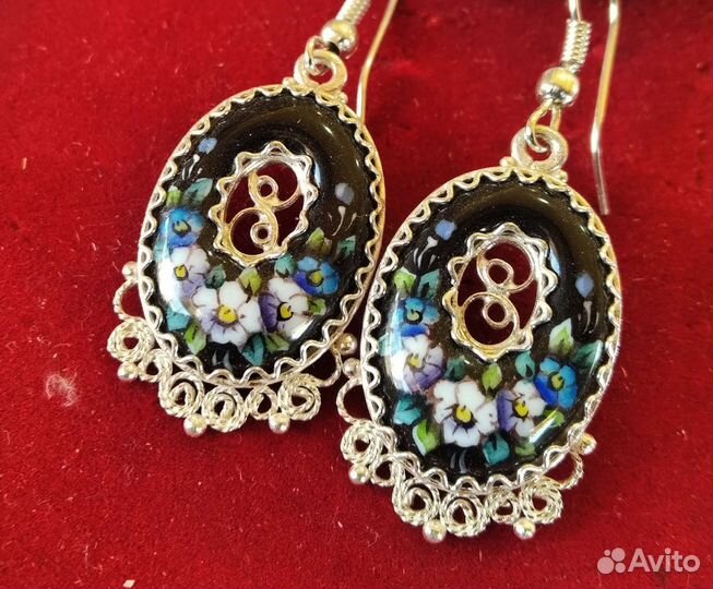 Финифть Комплект Гарнитур Брошь + Серьги Скань Ag