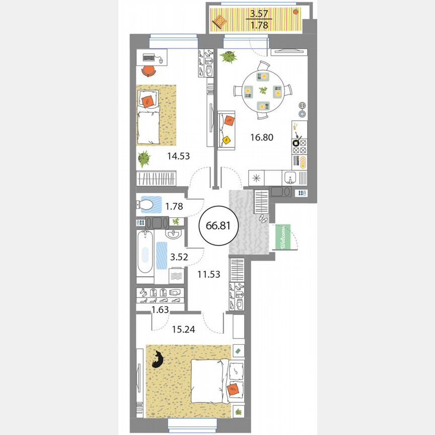 2-к. квартира, 66,8 м², 6/12 эт.