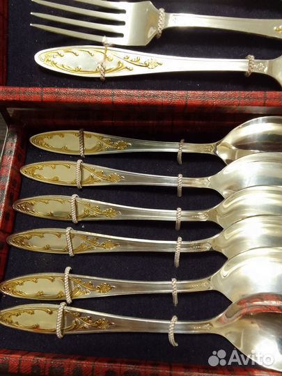 Набор столовых приборов мельхиор с позолотой)
