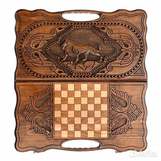 Нарды и шашки резные Лев на охоте 60 х 60 см бук Армения 62491