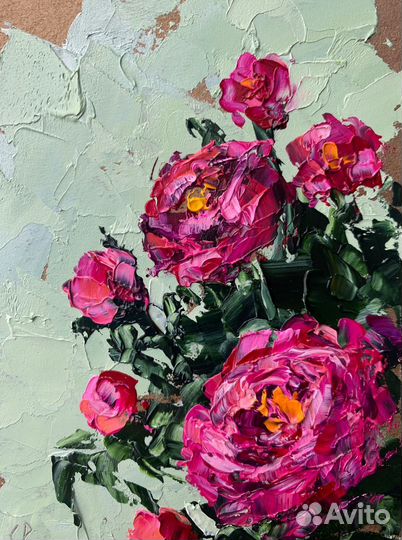 Картина маслом букет роз розовые цветы пионы