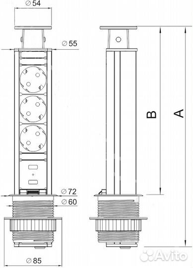 Блок розеток выдвижной, вертикальный со шнуром пи