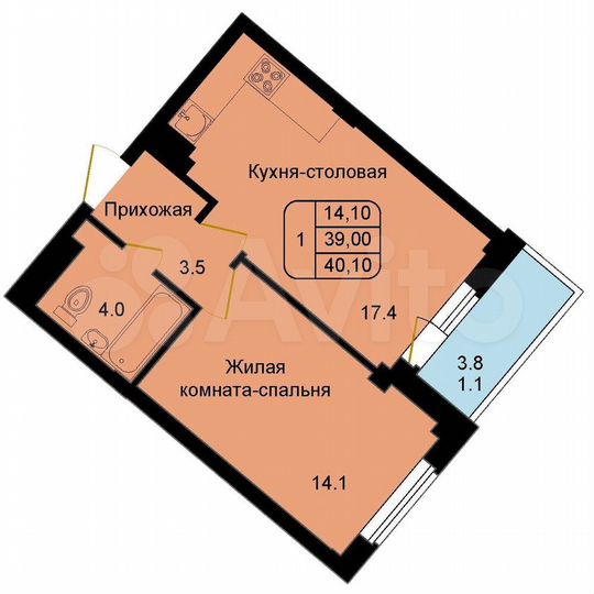1-к. квартира, 40,1 м², 8/8 эт.