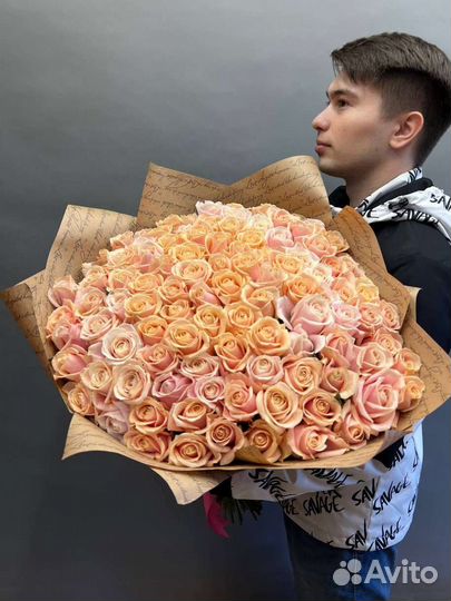 101 роза 80см с оформлением. Доставка цветов