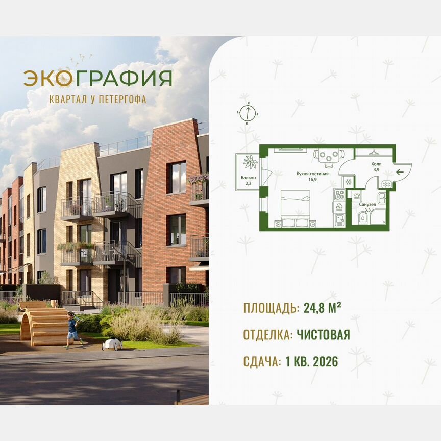 Квартира-студия, 24,8 м², 2/3 эт.