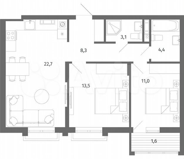 2-к. квартира, 64,6 м², 5/5 эт.
