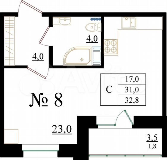 Квартира-студия, 32,8 м², 2/8 эт.
