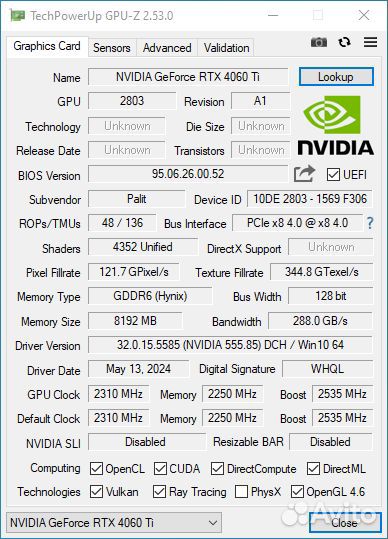 Видeoкаpта Palit RTX 4060 Ti 8Gb