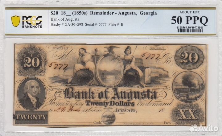 Банкнота 1850 года Джорджия слаб pcgs 50 PPQ