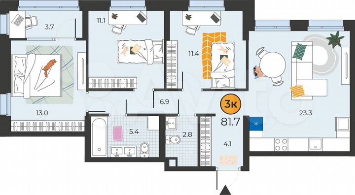 3-к. квартира, 81,8 м², 9/14 эт.