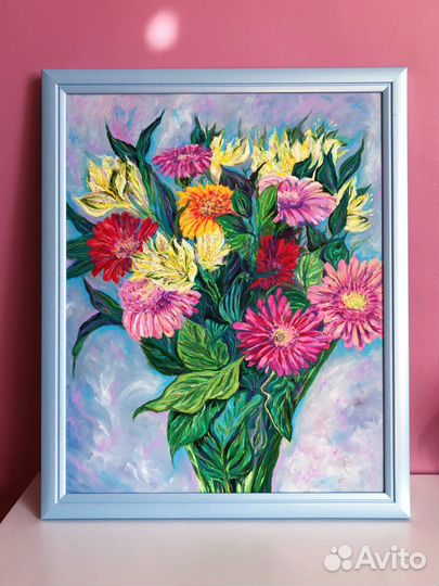 Картина маслом цветы букет «Герберы и альстромерии