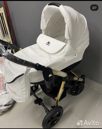 Коляска 2 в 1 белая кожа на золотой раме