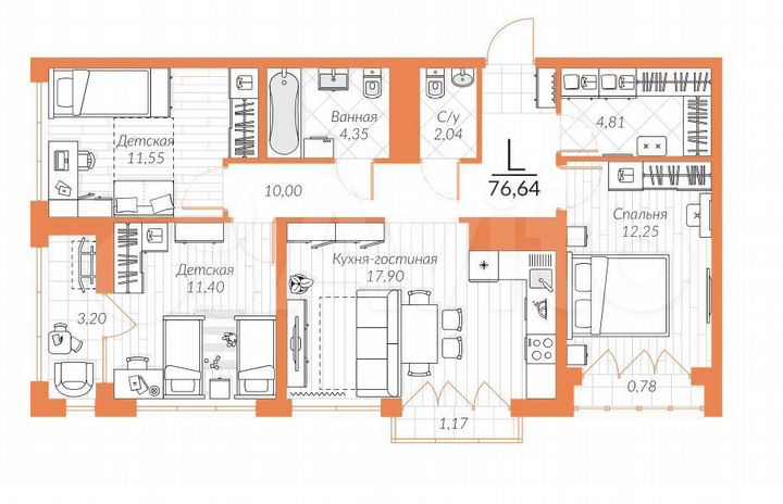 3-к. квартира, 76,3 м², 25/25 эт.