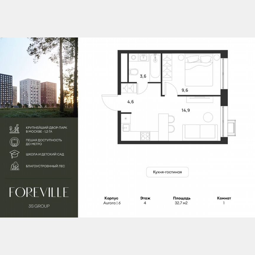 1-к. квартира, 32,7 м², 4/17 эт.